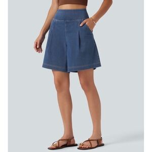 Halara Flex High Waisted Denim Baggy Bermuda Shorts 7in Pockets Blue Medium